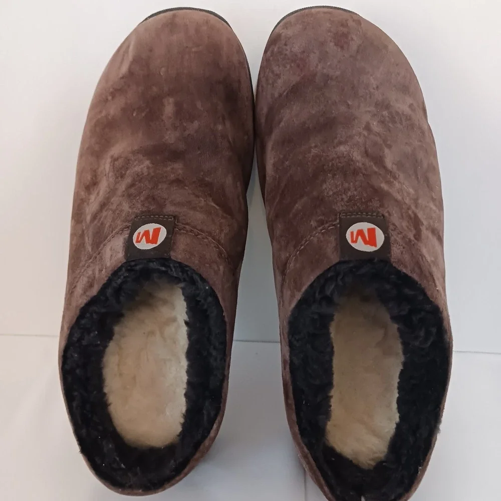 Merrell Men's 8 Brown Suede Slip-On Shoes Faux Fur Lined Round Toe Logo‎